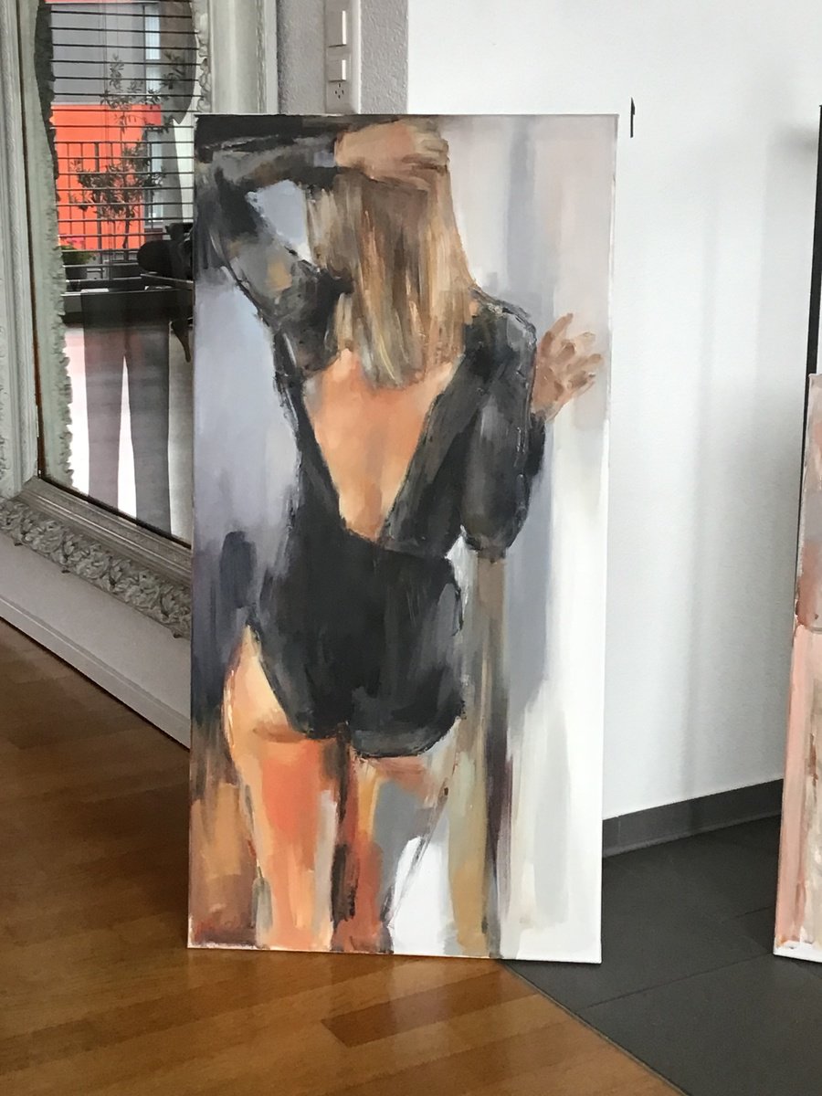 Impressionistic Portrait Oil Painting By Nelina Trubach-Moshnikova, 20 X 39", Girl In Black 2, Original Artwork