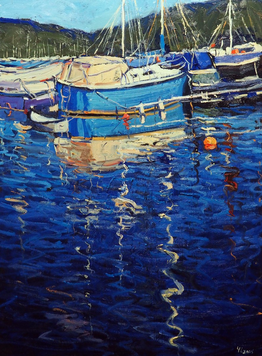 Impressionistic Landscape Oil Painting By Yuanyuan Liu, 24 X 31", The Boats, Original Artwork