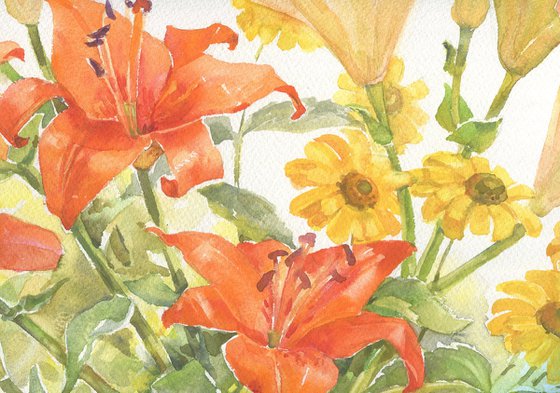 Lilies bouquet from friend / ORIGINAL watercolor 22x15in (56x38cm)