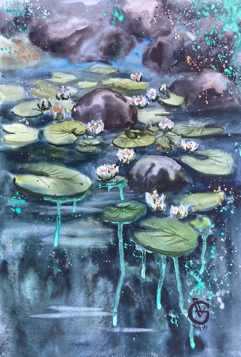 Impressionistic Botanical Watercolour By Valeria Golovenkina, 11 X 15", Water Lilies Small, Original Artwork