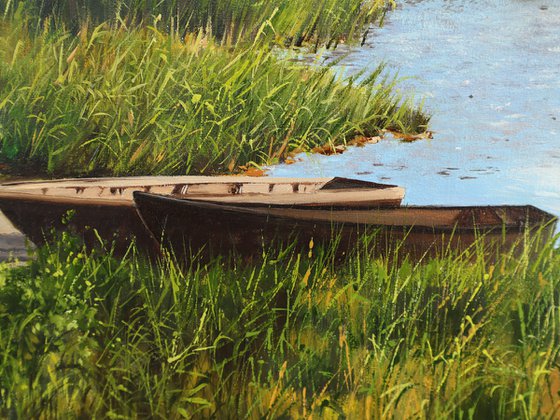 Old wooden boats on the river bank, Serene Summer Landscape