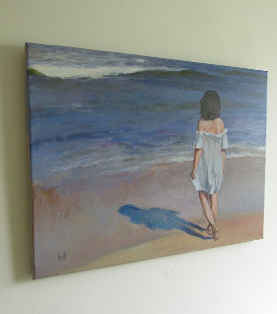 Blue Waters-Impressionist beach figure oil sea painting. 45x61cm.