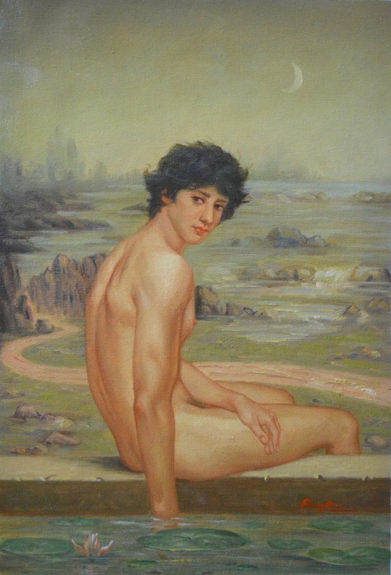 ORIGINAL OIL PAINTING ART MALE NUDE GAY MEN  LOTUS ON CANVAS #11-10-01