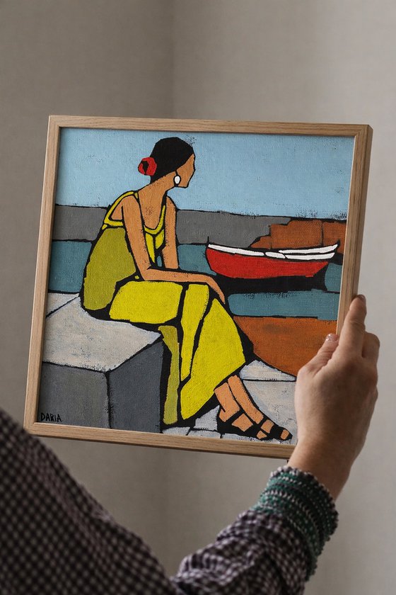 "Woman by the Water with Red Boat" 12x12in