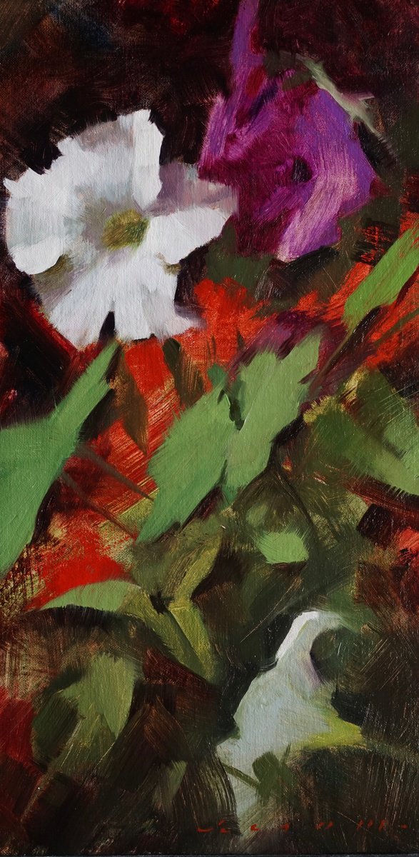 Impressionistic Still Life Oil Painting By Rostyslav Malysh, 6 X 12", Petunias, Original Artwork