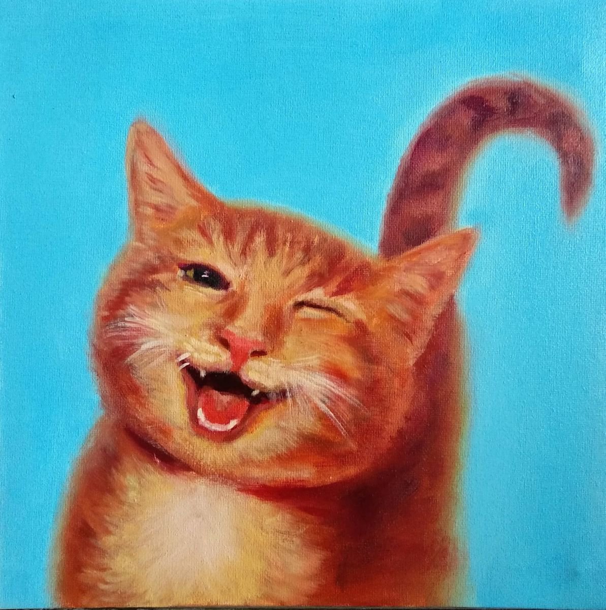 Animal Art Cartoon Funny Cat Painting Smiling Animals Baby Nursery Kids Blue Orange Yellow by Anastasia Art Line