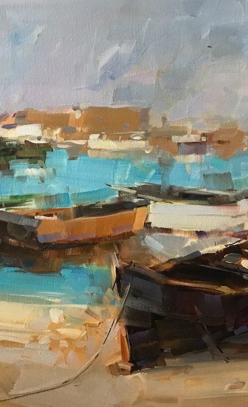 Boats on the Shore, Original oil painting, Handmade artwork, One of a kind by Vahe Yeremyan