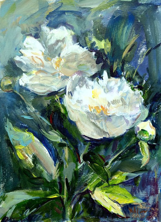 White peonies. Plant kingdom. Impressionistic painting.