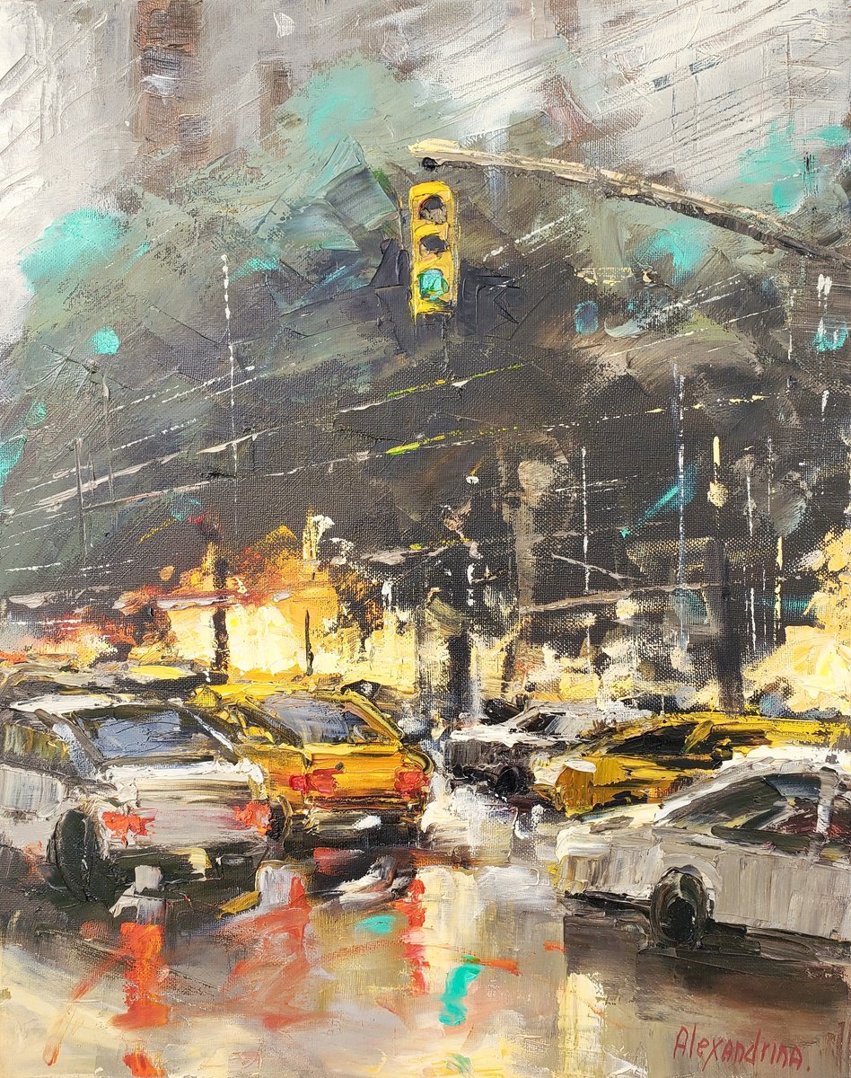 Impressionistic Cityscapes Oil Painting By Irina Alexandrina, 16 X 20, Evening Traffic., Original Artwork