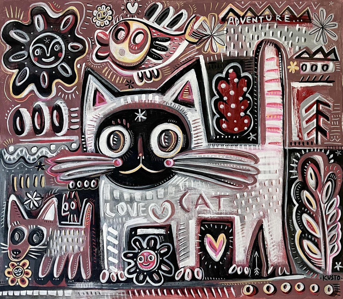 Impressionistic Animal Acrylic Painting By Daria Kusto, 36 X 32, Cocoa Cat, Original Artwork