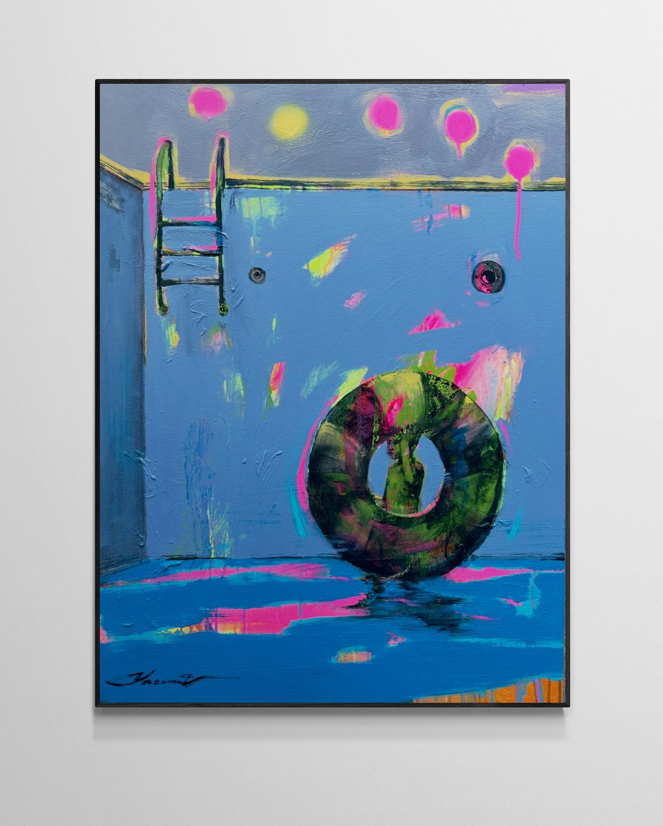Urban And Pop Portrait Acrylic Painting By Yaroslav Yasenev, 24 X 31", I Thought The Pool Is Ready, Original Artwork