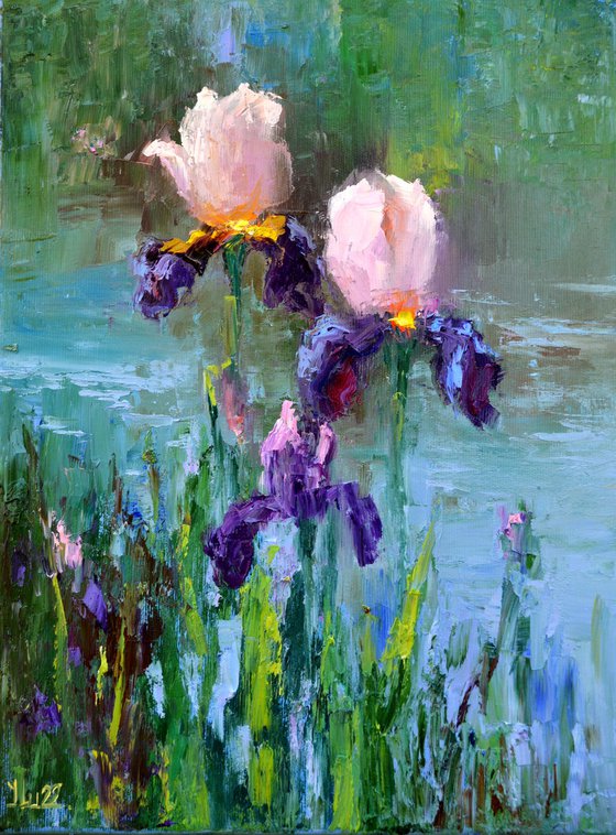 Three Irises by the pond