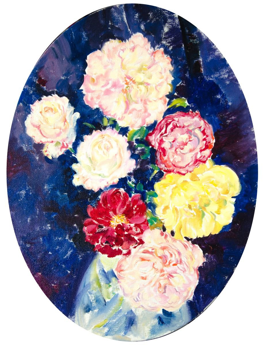 Impressionistic Botanical Oil Painting By Daria Galinski, 12 X 16, Roses On The Dark Background. Oval Canvas, Original Artwork
