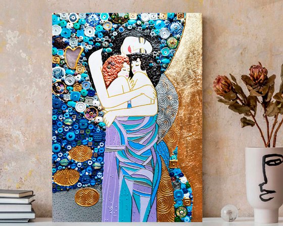 Twin mom portrait painting (Klimt inspired Mother and child). Natural precious stones & mosaic