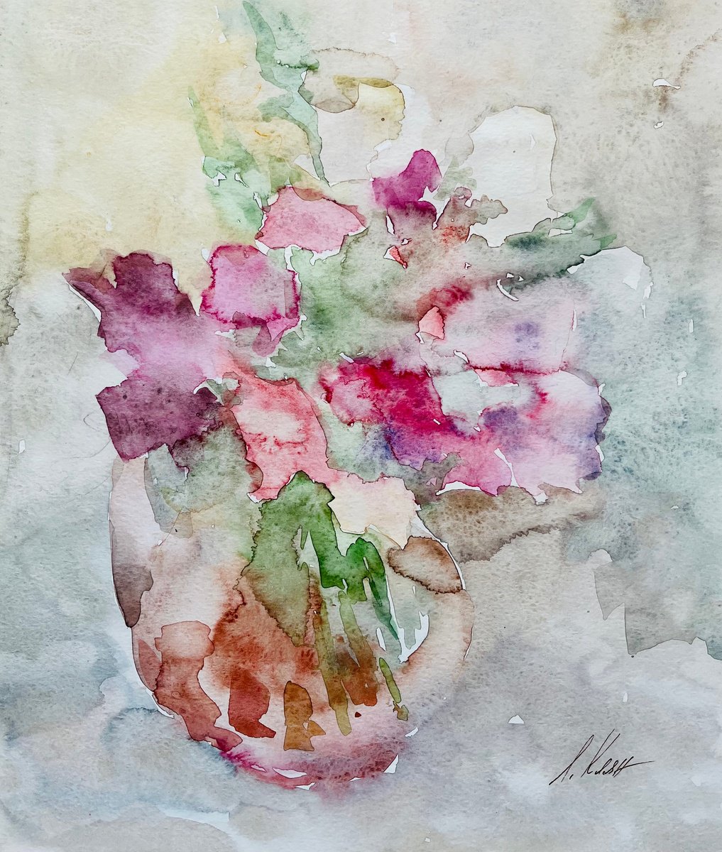 Expressive Still Life Watercolour By Elena Klyan, 11 X 13, Bouquet In Vase., Original Artwork
