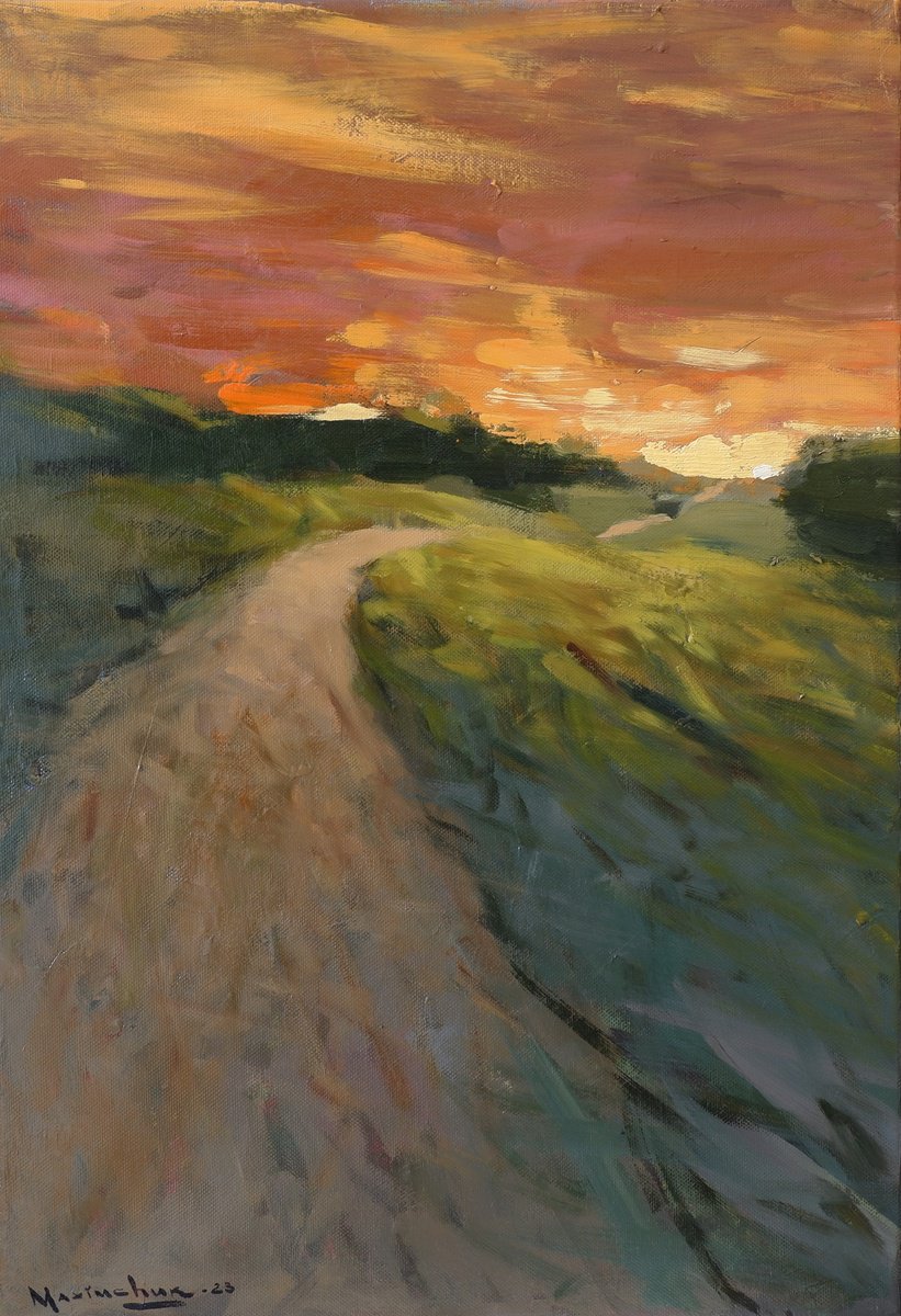 Impressionistic Landscape Oil Painting By Nikita Maksimchuk, 15 X 22", Sunset, Original Artwork