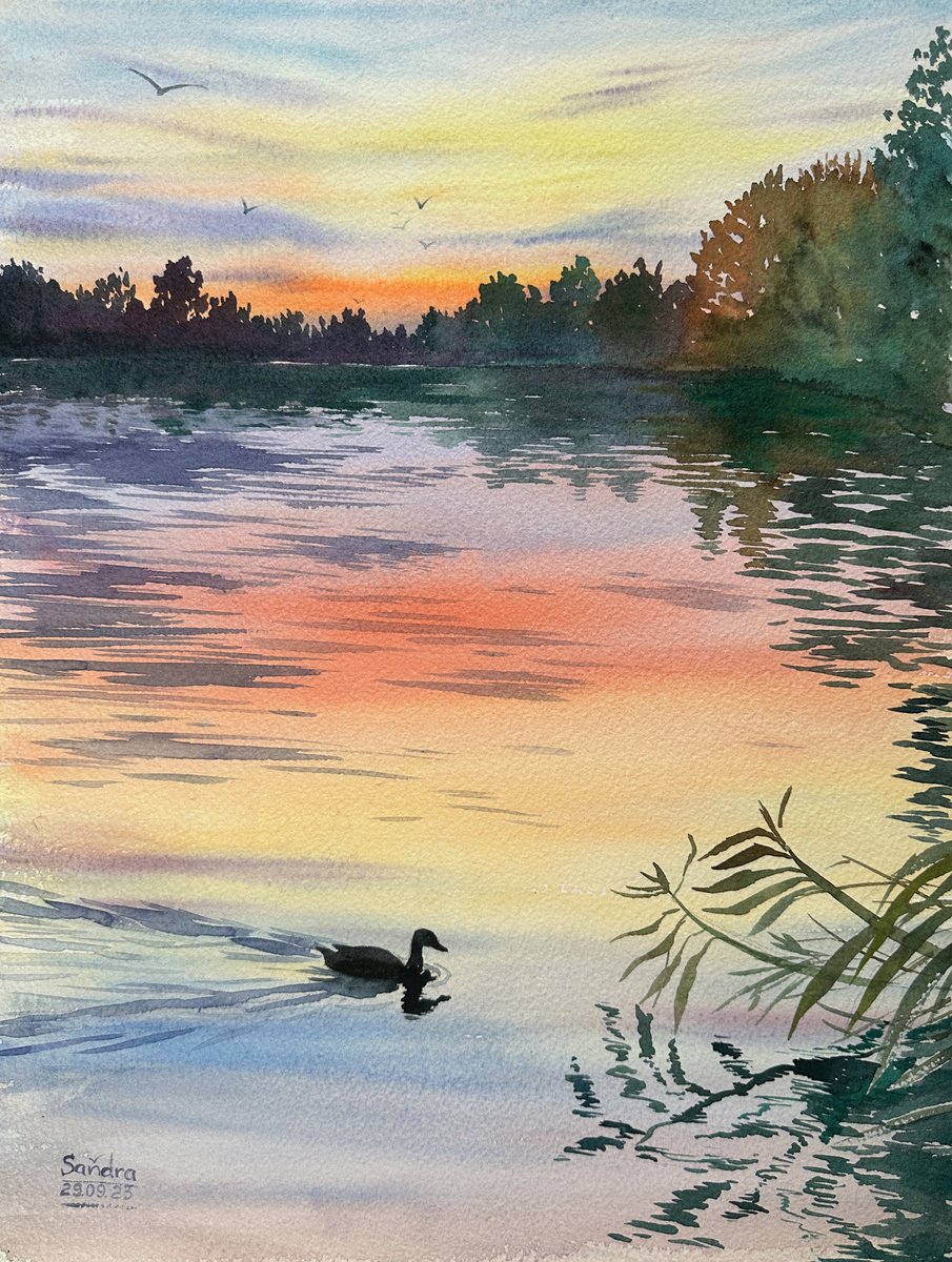 Impressionistic Watercolour , Sunset Over Lake Biliner By Oleksandra Padushyna, 12 X 16, Artwork For Sale On Artfinder
