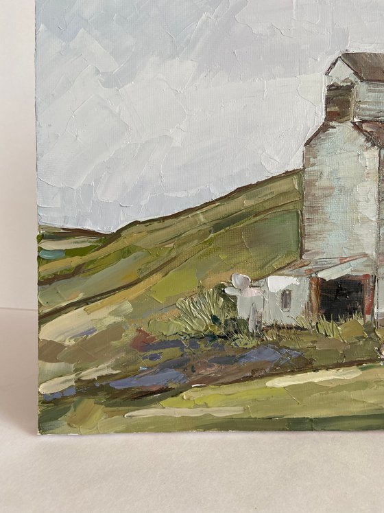 Abstract landscape Montana Grain elevator Original Oil Painting 22x28cm 8.5x11inch