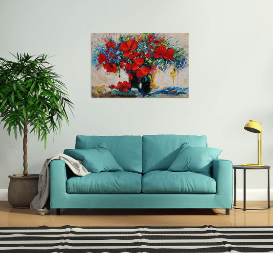 Red poppies in the vase (110x80cm, oil painting, palette knife)