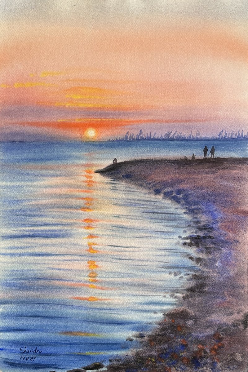 Impressionistic Watercolour , The Aesthetics Of A Sunset Over The Sea By Oleksandra Padushyna, 15 X 22, Artwork For Sale On Artfinder