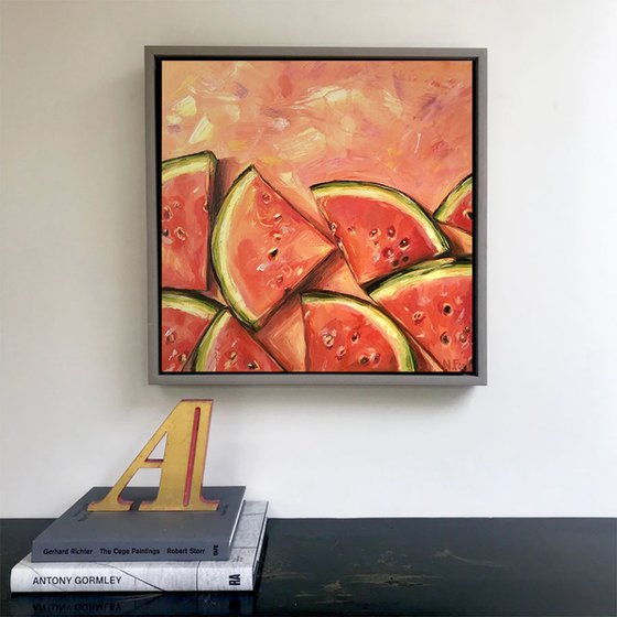 WATERMELON SUGAR, Original Orange and Pink Vibrant Watermelon Still Life Oil Painting