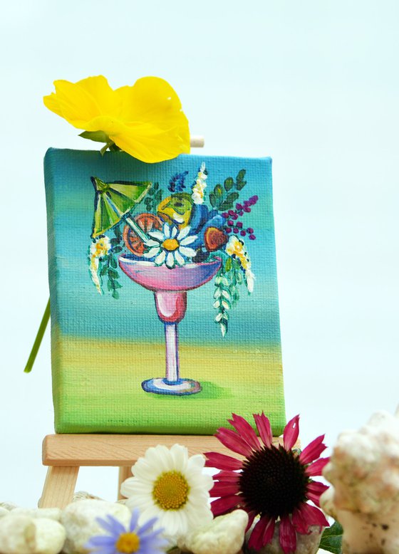 flowers in cocktail glass, original acrylic miniature painting, still life N2