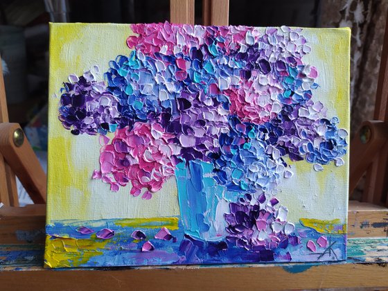 Flowers in the house - small painting, bouquet, hydrangea, flowers oil painting, oil painting, flowers,  postcard, gift idea, gift