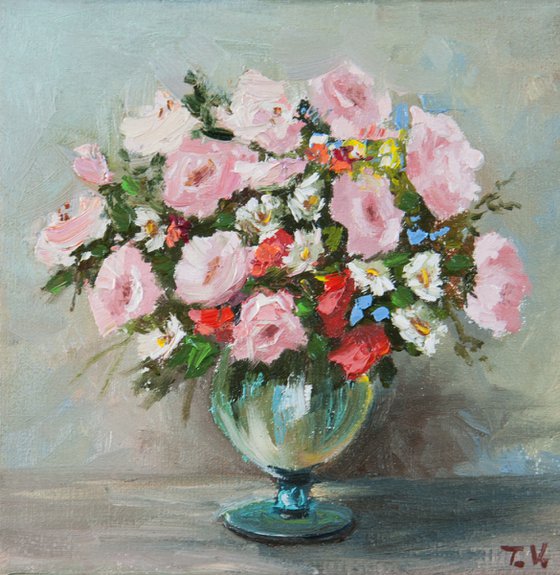 Small bouquet of roses. Original painting. Flower Art. On canvas 6 x 6 in.