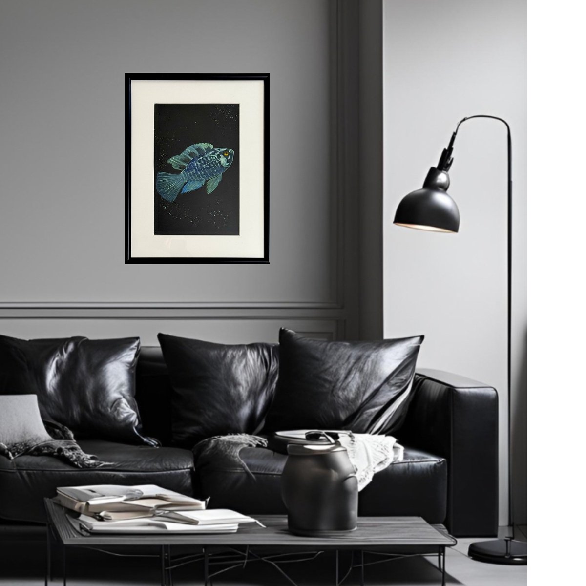 Animal Drawing By Yuliia Sharapova, 12 X 16", Exotic Shiny Fish In The Dark, Original Artwork