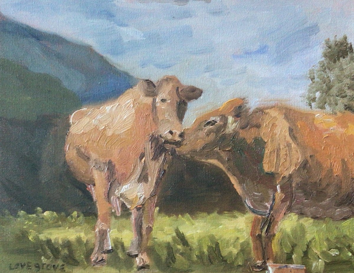 Impressionistic Animal Oil Painting By Julian Lovegrove Art, 10 X 8", Brown Cows In A Paddock, Original Artwork