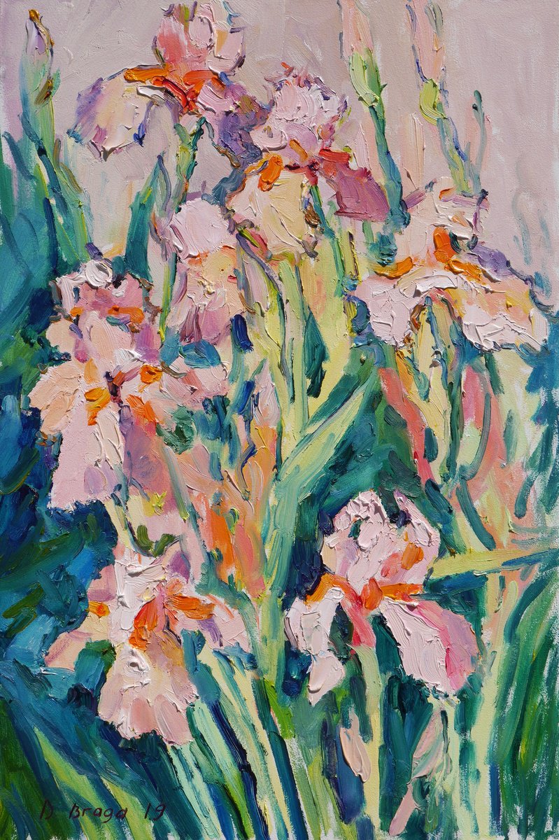 Expressive Botanical Oil Painting By Dima Braga, 16 X 24, Pink Irises, Original Artwork