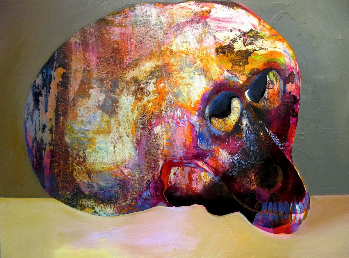 Surrealistic Still Life Acrylic Painting By Victor Tkachenko, 24 X 18", Smart Monkey Skull, Original Artwork