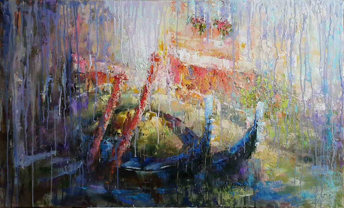 Organic Abstract Oil Painting By Viktoria Lapteva, 39 X 24", Venice Summer Rain, Original Artwork