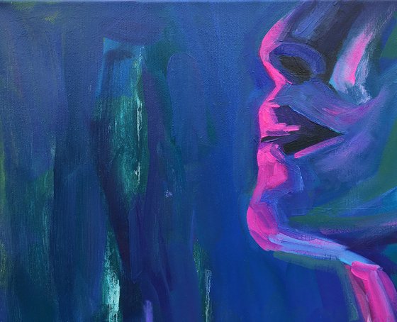 Сontemporary large nude woman portrait in purple and pink