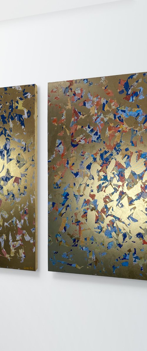 Golden Wisdom Duo - 127cm squ (x2)- mixed media on canvas by George Hall