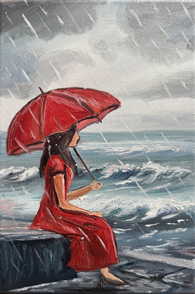 Impressionistic Portrait Oil Painting By Aisha Haider, 8 X 12, Reflecting In The Rain, Original Artwork