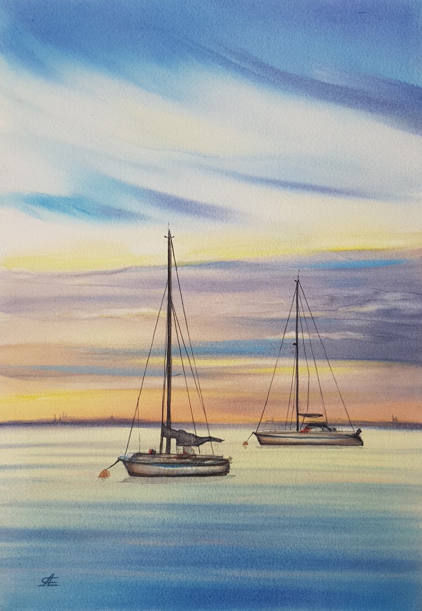 Seascape and yachts at the sunset by Svetlana Lileeva