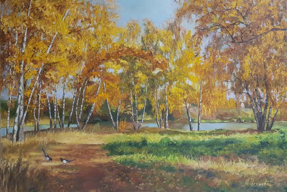 Golden autumn in a birch grove original oil painting