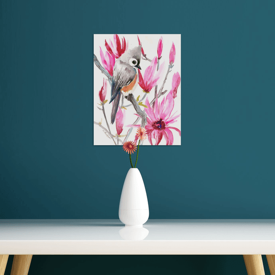 Titmouse Bird and magnolia Flowers