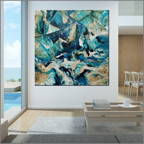 Squared Southern Oceans 150cm x 150cm Teal Textured Abstract Art