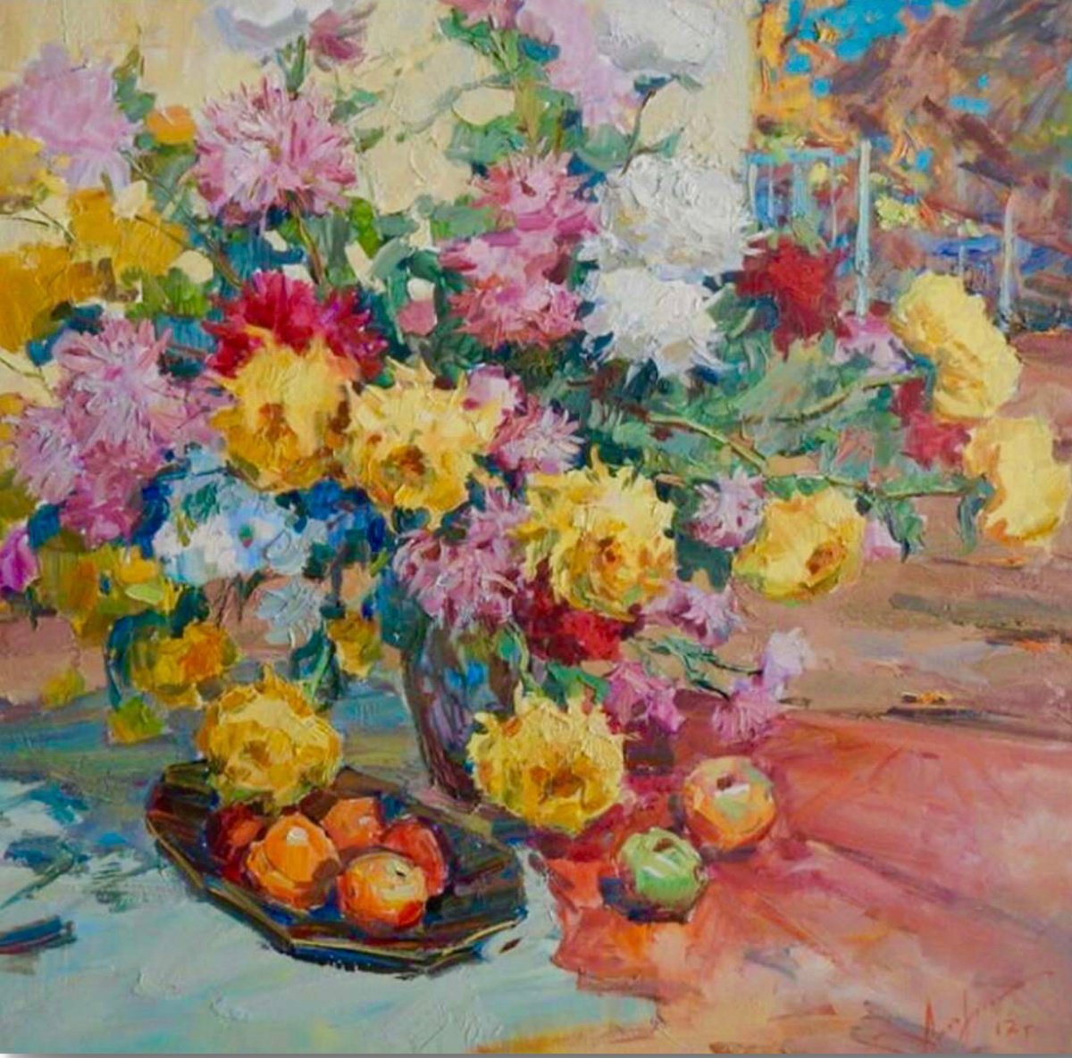 Impressionistic Botanical Oil Painting By Oleksii Chebotaru, 36 X 36", Chrysanthemums, Original Artwork