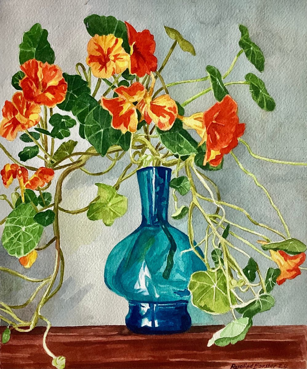 Botanical Watercolour By Rosalind Forster, 13 X 16", Nasturtiums, Original Artwork