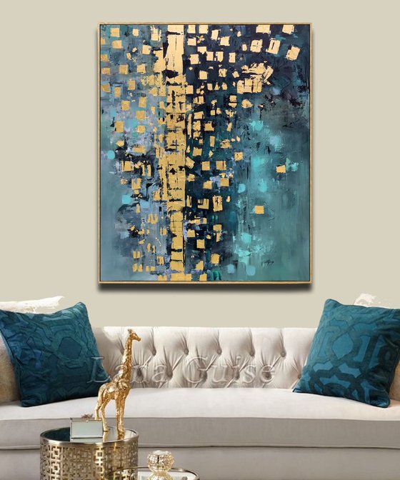 Getting Closer - Abstract Painting 40" Large Canvas, Gold Leaf, Minimalist Painting