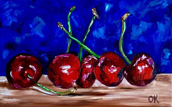 Cherries. Still life. Palette knife painting on linen canvas