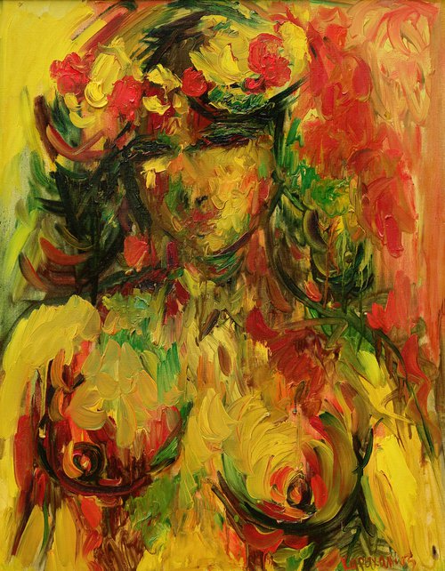 AWAKENING OF SPRING - original painting, love, happiness, portrait nude erotic, Valentine's gift by Karakhan