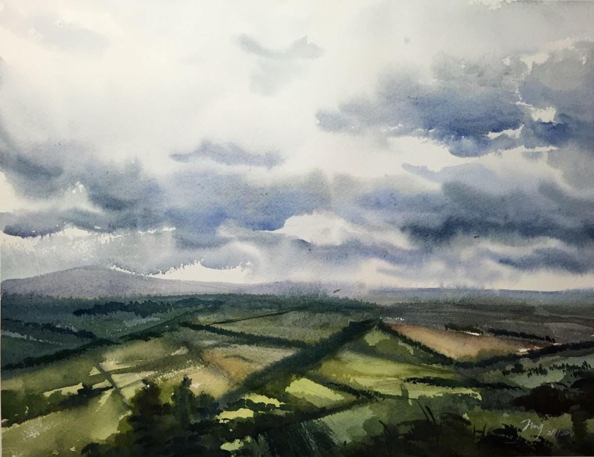 Impressionistic Landscape Watercolour By Jing Chen, 20 X 16, From The Top, Original Artwork