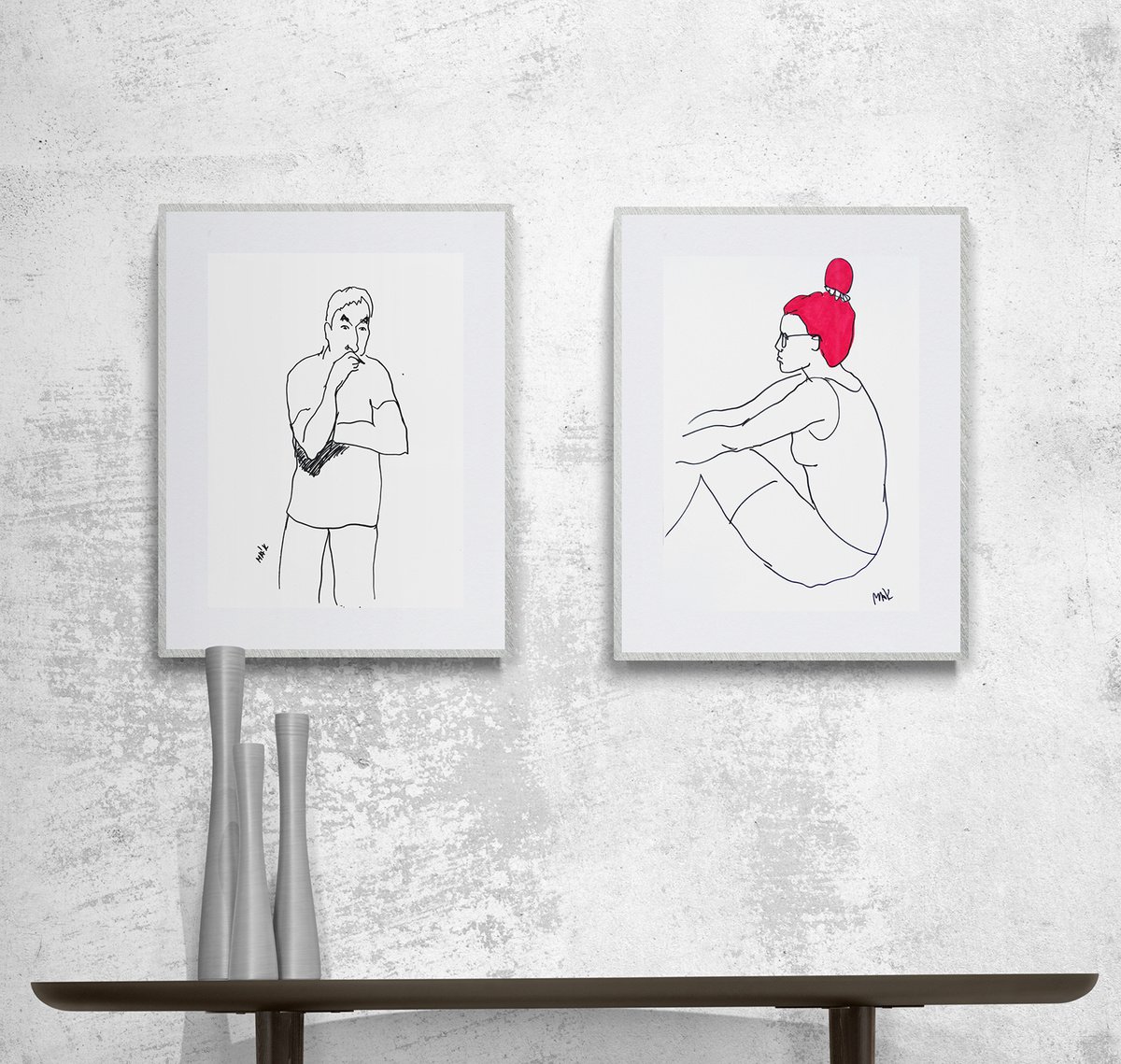 THOUGHTFULNESS - set of two drawings on paper people figure sketching black and white gift... by Irene Makarova