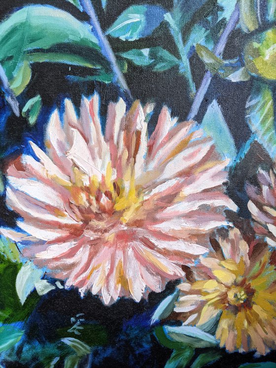 Dahlias original flower oil painting Dahlia flowers botanical impressionism painting Garden Art Home decor Loft Gift idea Love present cream yellow green