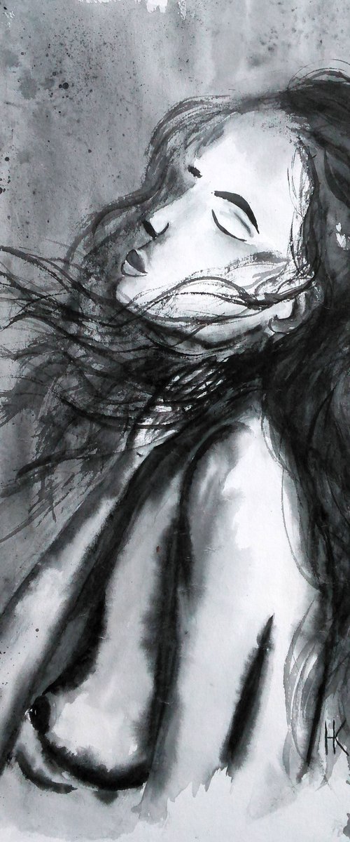 Woman in the wind of love. watercolor painting by Halyna Kirichenko