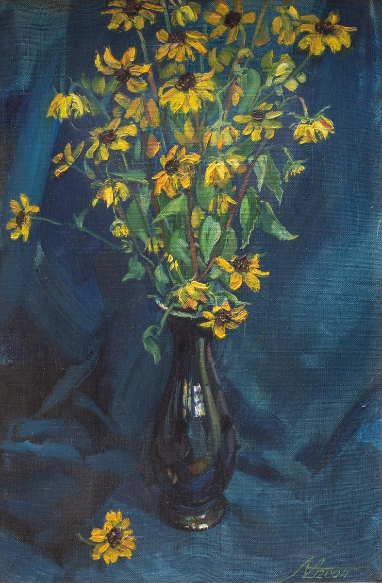 Photorealistic Still Life Oil Painting By Alona Lesnichenko, 15 X 21, Yellow On Blue, Original Artwork